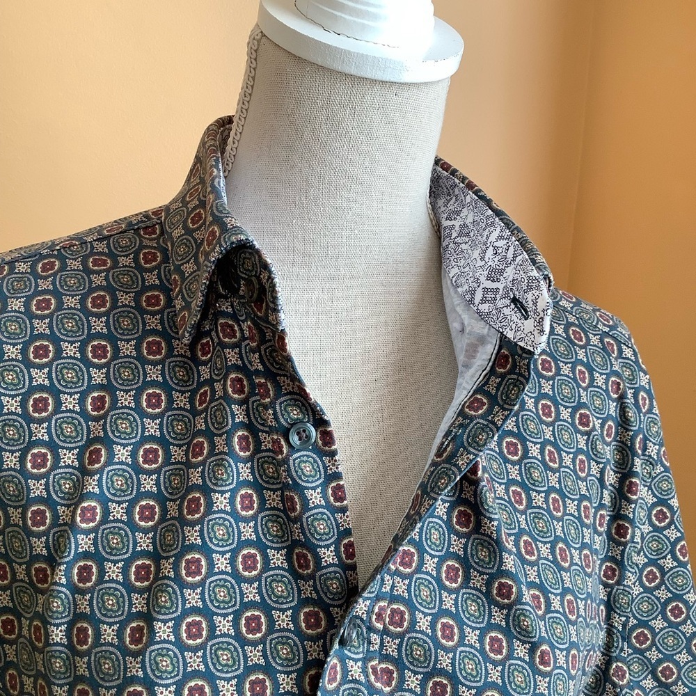 Daniel Hechter Paris Teal Geometric Printed 100% Cotton Shirt Size L - Picture 13 of 15
